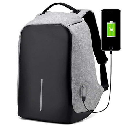 Gray Anti-Theft Laptop Backpack USB Charging Port Nylon Waterproof Travel