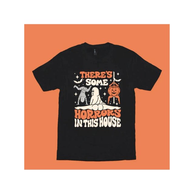 Camiseta suave y cómoda con estampado gráfico "Hay horrores en esta casa", camiseta de algodón para hombre, top informal de manga corta de moda de verano.