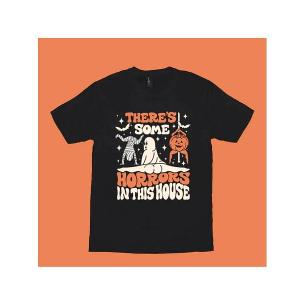 Camiseta suave y cómoda con estampado gráfico "Hay horrores en esta casa", camiseta de algodón para hombre, top informal de manga corta de moda de verano.