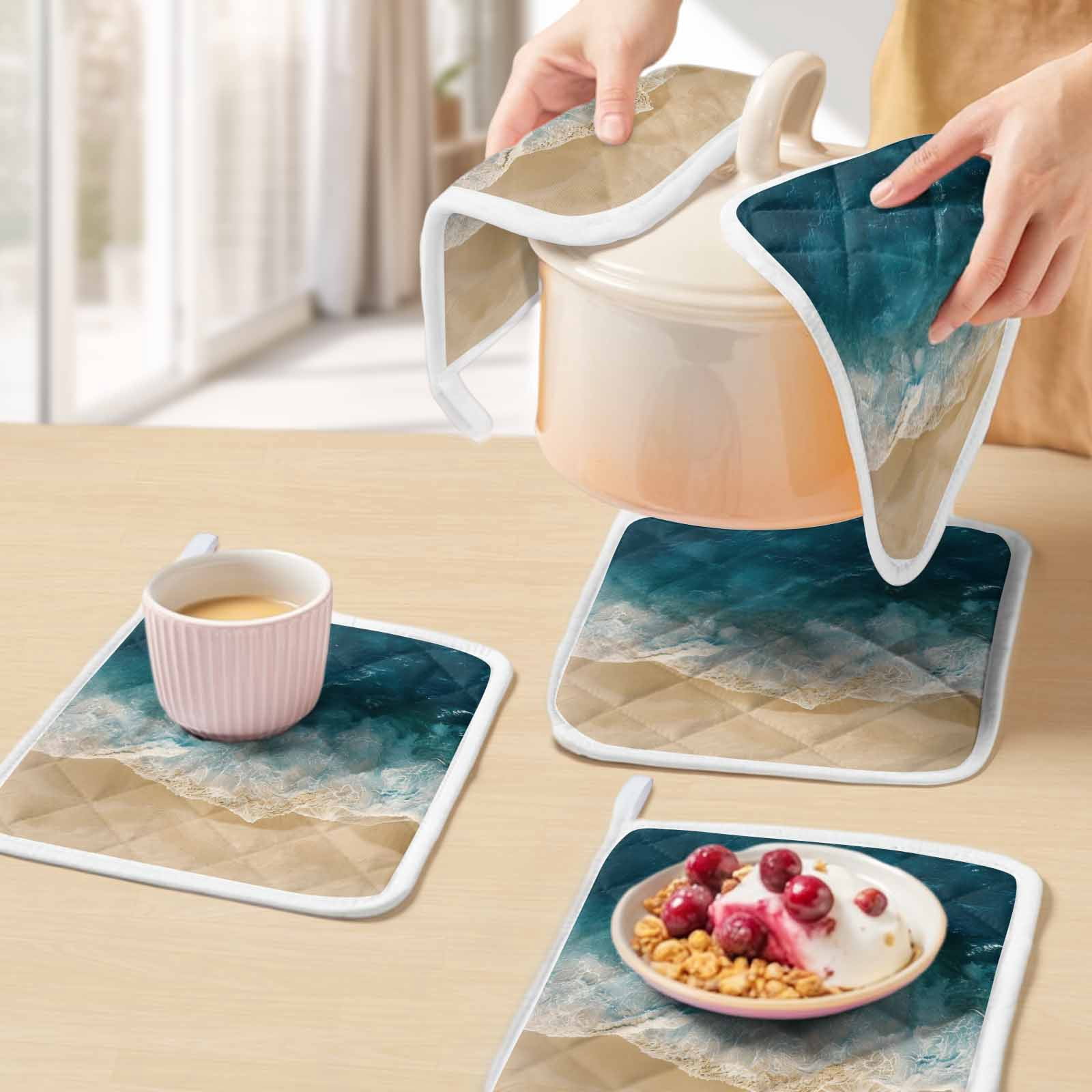 Teal Coastal Pot Holders for Kitchen Heatproof Potholder, 5 Pack Summer Beach Nautical Saeside Hot Pads Multipurpose Oven Pads Cloth Potholders Trivet for Cooking Baking