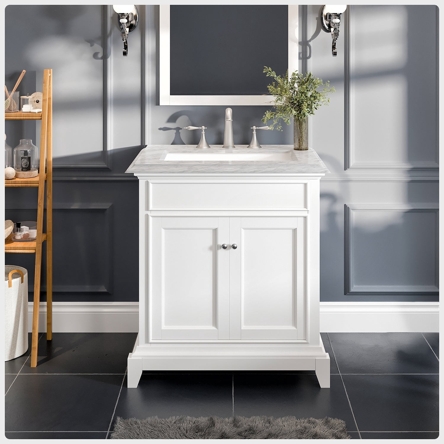 Eviva Elite Princeton 30" White Solid Wood Bathroom Vanity Set with Double OG White Carrera ...