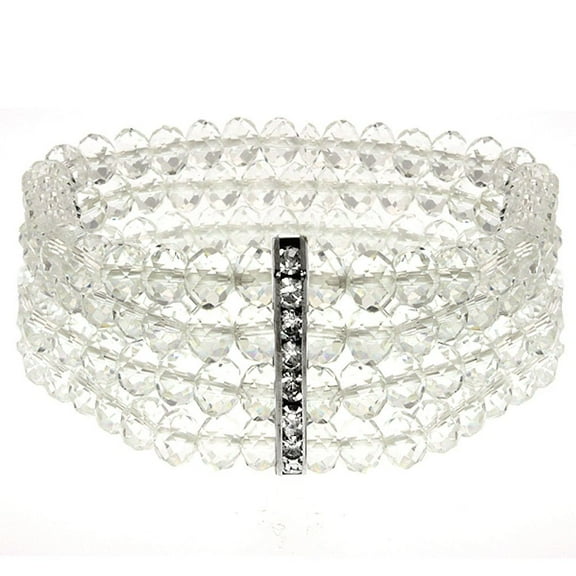Gem Stone King 4-Row White Faceted Crystal Stretchy Bracelet for Women Bangle 1.5 inch Wide