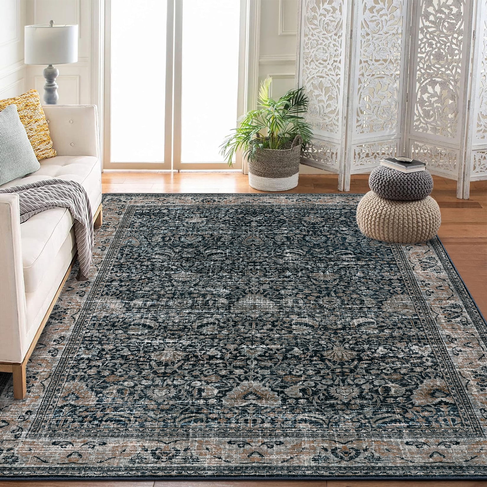 Washable Area Rugs, Black 9'X12' Antique Distressed Large Rug for Living Room, Modern Non Slip Stain Resistant Vintage Print Accent Carpet Floor Mat for Bedroom Dining Office Farmhouse