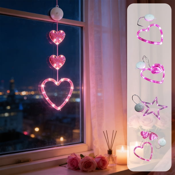 Lámpara De Cortina De Plástico Cortina de luces LED con forma de corazón y ventosas para San Valentín, fiestas, bodas y decoración colgante (rosa) JASKFLY