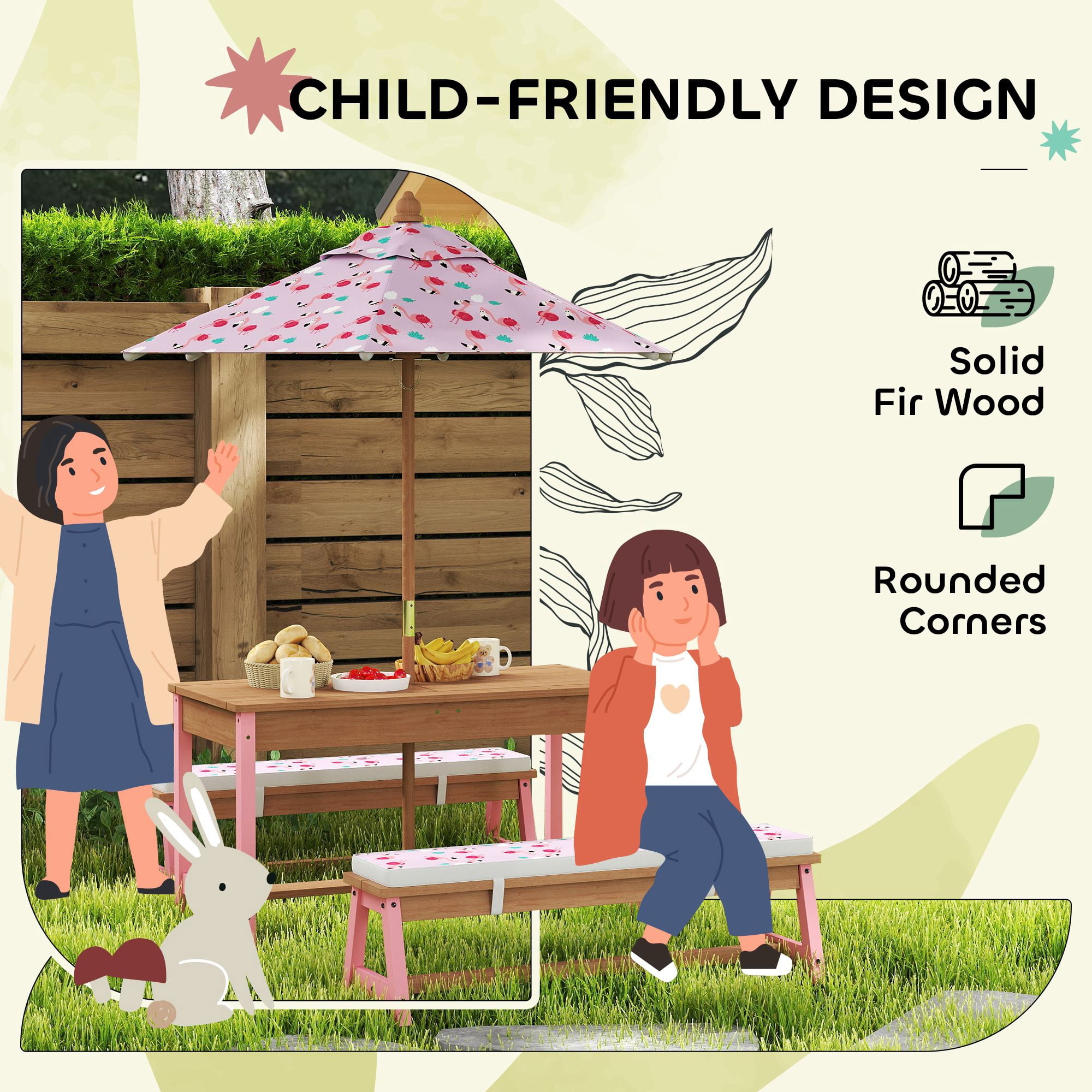 Kids Picnic Table Set with Foldable Umbrella, Removable Cushions & Boxes, Flamingo Theme, Pink