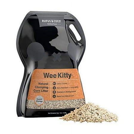 UPC: 0814939021254 | Rufus & Coco WeeKitty | Natural Flushable Clumping Cat Litter | Low Tracking Biodegradable Pellets | Corn 8.8lbs bag