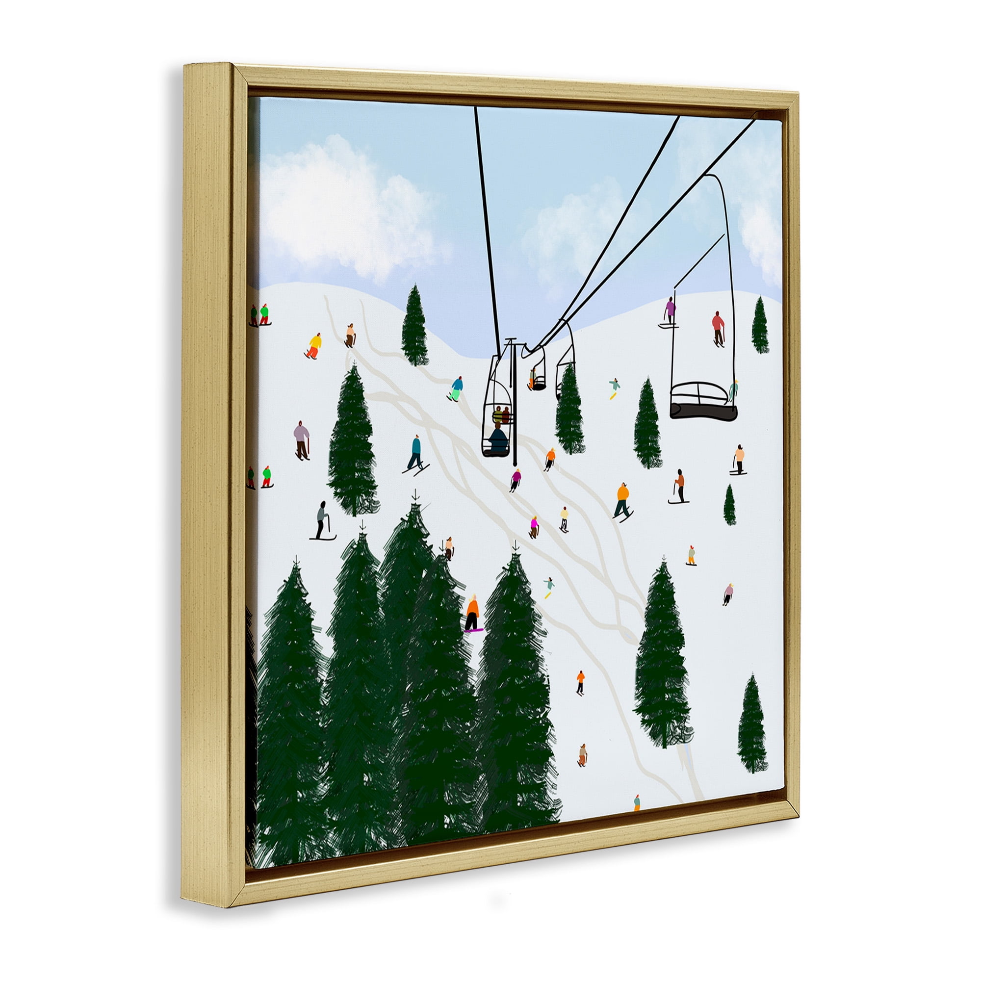 Stupell Industries Ski Lift Mountain Landscape Landscape Painting Gold Floater Framed Canvas Art Print Wall Art, 18 x 18
