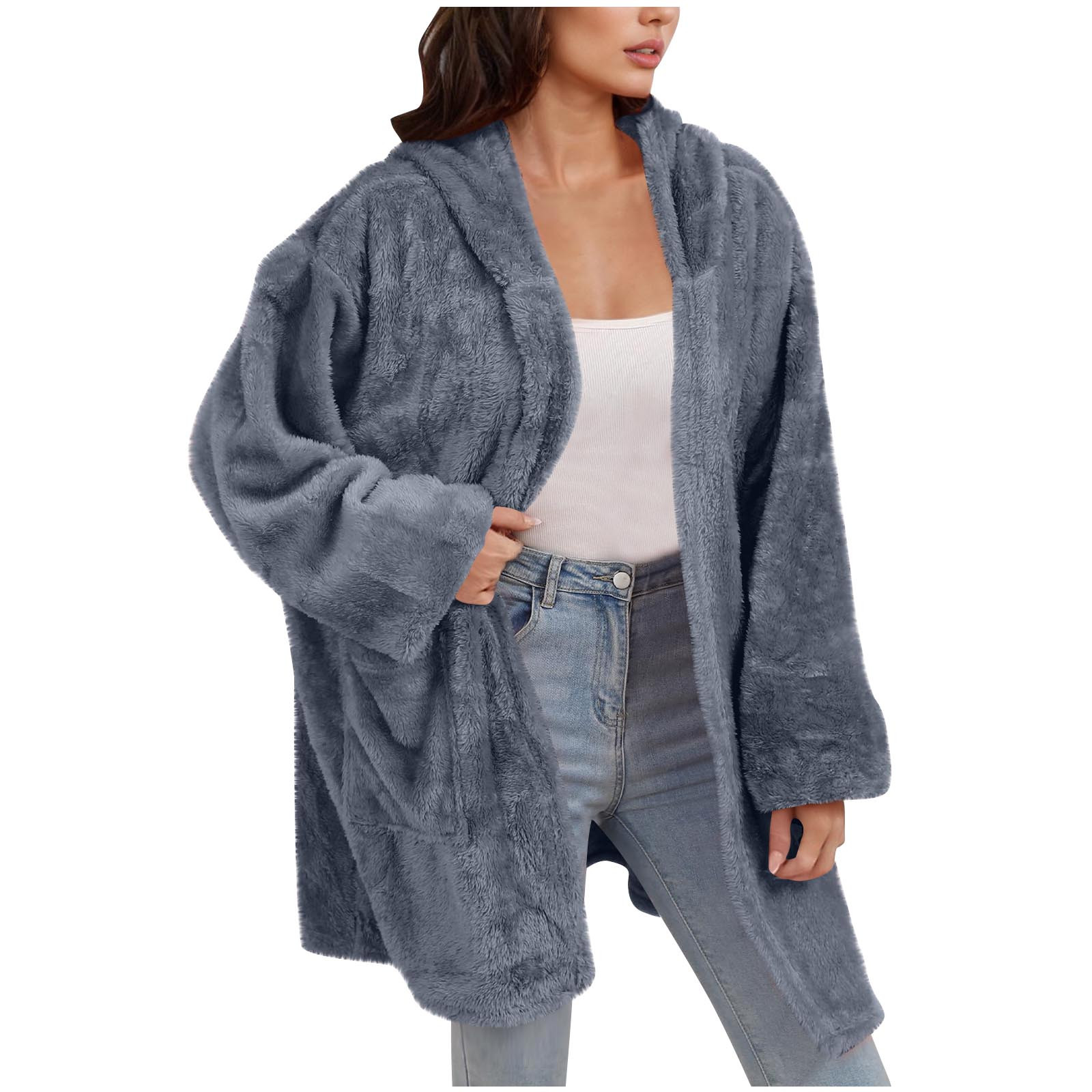 Women and Men Hooded Fuzzy Cardigan, Unisex Oversized Loungewear Fuzzy Fleece Blanket Hoodie Outwear Jacket with Pockets Gray L