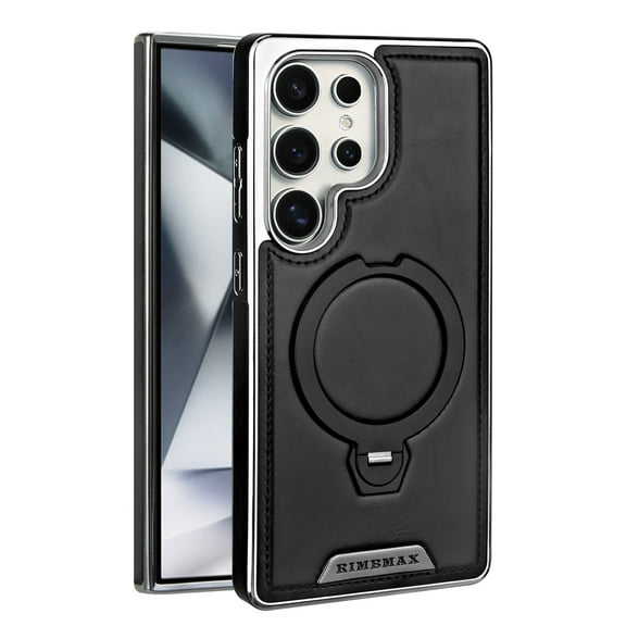 for Samsung Galaxy S24 Ultra Luxury PU Leather Invisible 360 Degree Adjustable Magentic Ring Stand Case, Plating Shockproof Drop Protection Slim Fit Phone Case Cover for S24 Ultra, Black