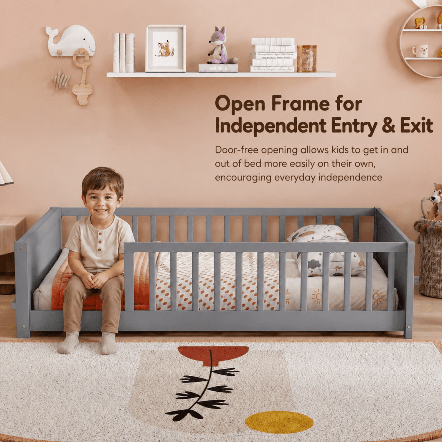 Miniyam Full Size Kids Floor Bed with Guardrails and Bookshelf, Wooden Low Profile Bed, Gray