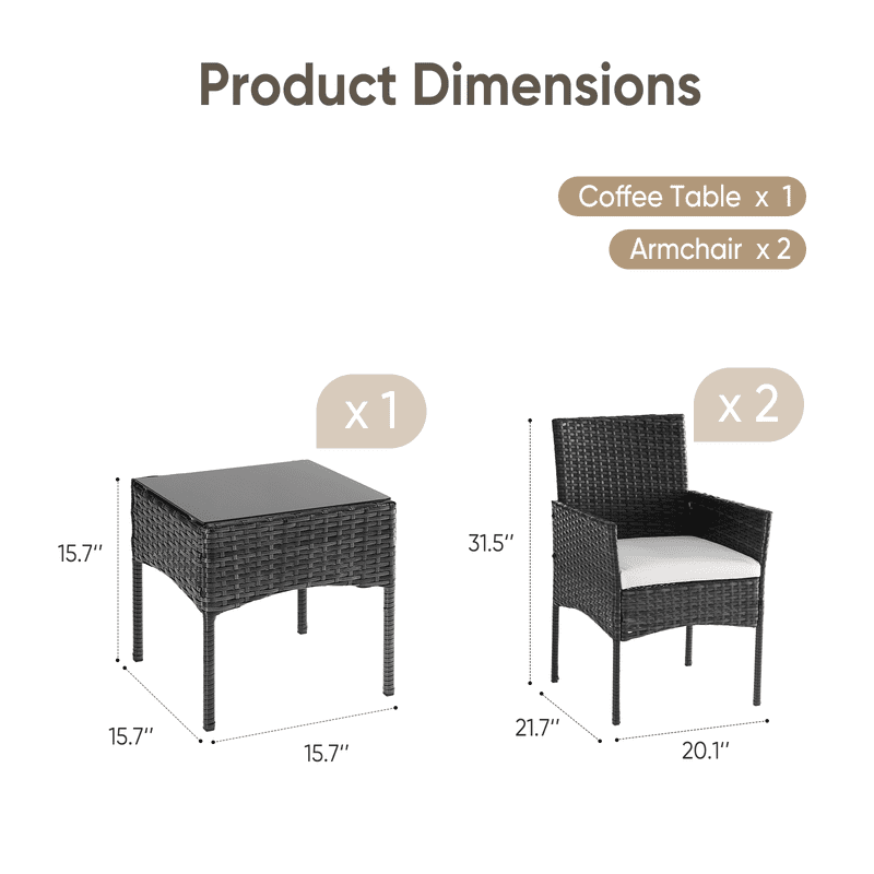 Gianna 3-Piece Patio Furniture Set, Outdoor Wicker Rattan Chairs with Removable Cushion & Glass Table, Conversation Furniture for Porch, Garden, Backyard, Poolside - Black(new style)