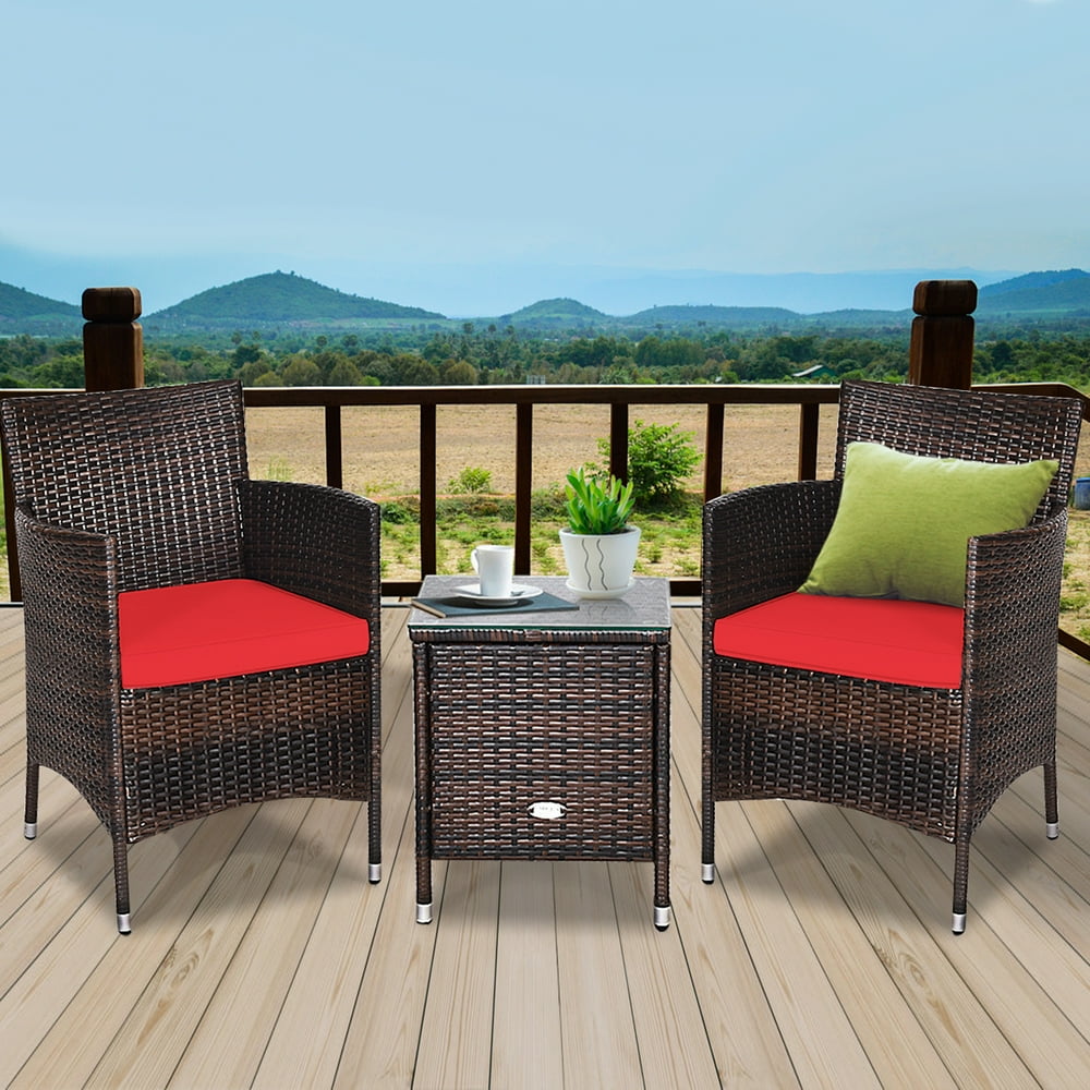 Gymax 3PCS Patio Outdoor Rattan Furniture Set w/ Cushioned Chairs