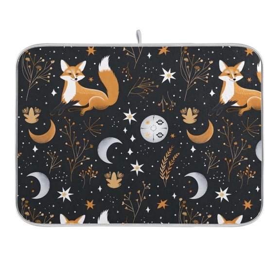 Fox Plants Stars Moons Dish Drying Mat 16x18 Absorbent Microfiber Draining Rack Pad for Kitchen Counter Sink