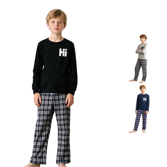 oqasdz Boys Pajamas Long Sleeve Letter Print Top and Plaid Pajamas Bottoms Fashion Pjs Set for Kids Children Sleepwear Casual Snug Fit Clothing Set,Black,Size 11 Y-12 Y