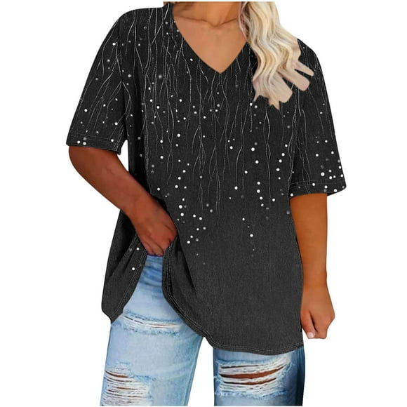 Jacenvly Women Tops Clearance Women's Plus-Size V-Neck Short Sleeved Printing Base Shirt Women Tops On Sale