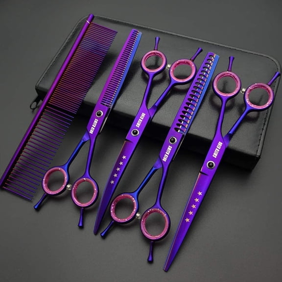 7.0 Inches Professional Dog Grooming Scissors Set Straight Thinning Curved Chunkers Comb 5pcs for Left Right Handed