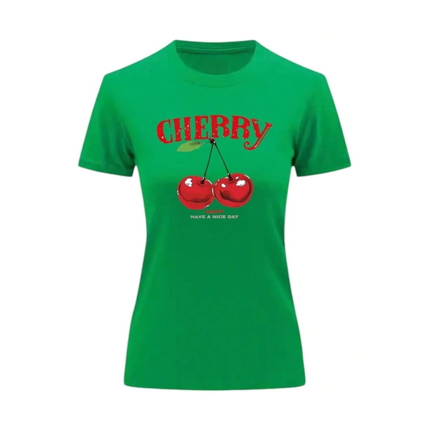 Playera Blusa De Cerezas Cherry Happy Have A Nice Day Casual Ropa Para Mujer Ropa De Dama Color Verde Talla Grande Marca Emil SaEs
