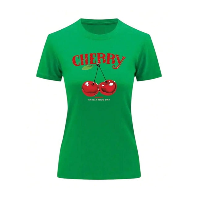 Playera Blusa De Cerezas Cherry Happy Have A Nice Day Casual Ropa Para Mujer Ropa De Dama Color Verde Talla Chica Marca Emil SaEs