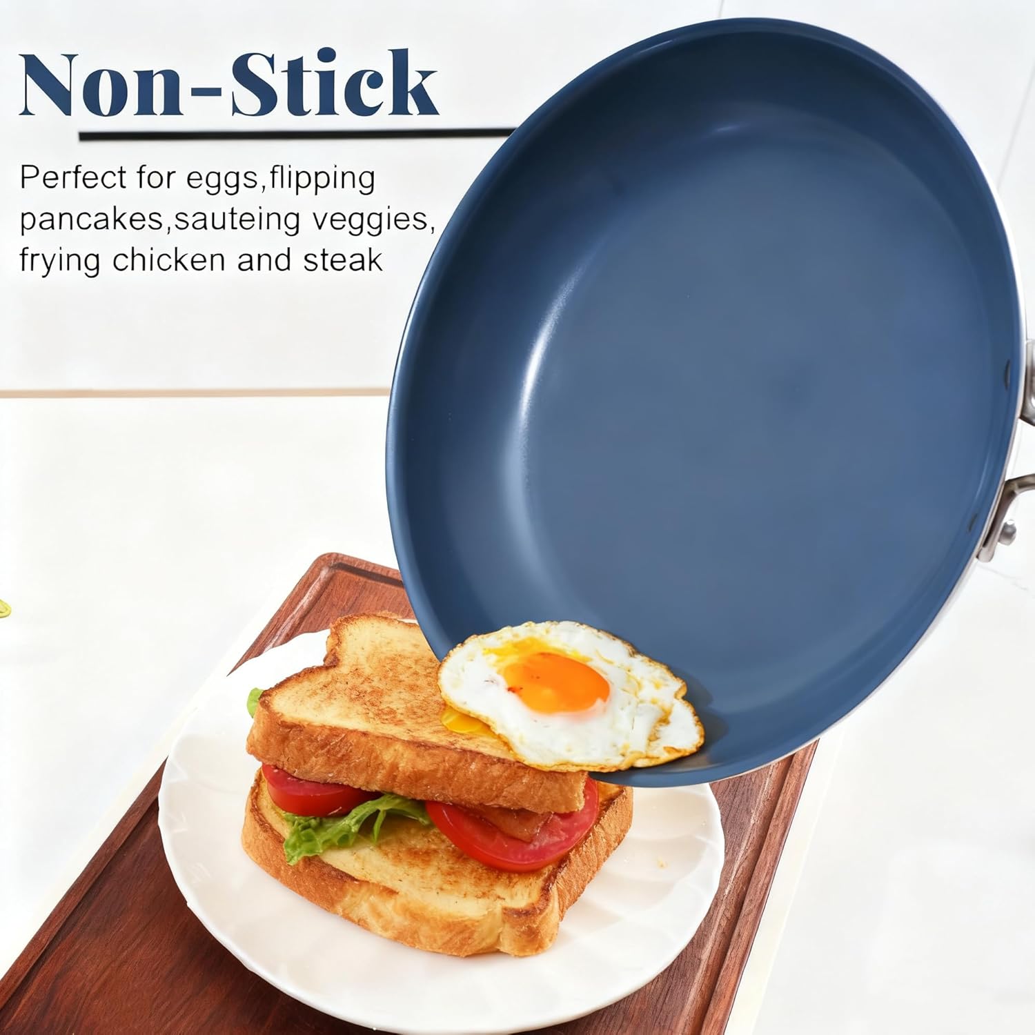 10 Inch Stainless Steel Non Stick Frying Pan with Ceramic Coating and Lid, Blue Induction Safe Cookware for Gas Electric Stove