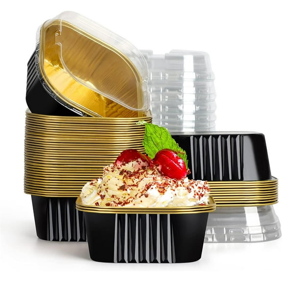 SILOON Square Dessert Cups with lids, 5oz 50pcs Disposable Muffin Liners Cupcake Cups Desserts Flan, 150ml Baking Cups, Aluminum Foil Desserts Flan, Custard Cake Catering Gathering Favor-Black Gold