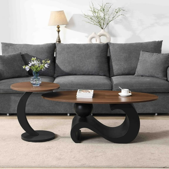 Black & Brown Nesting Coffee Table Set - 2-Piece Industrial Oval & Round Tables (47.24" & 19.69")