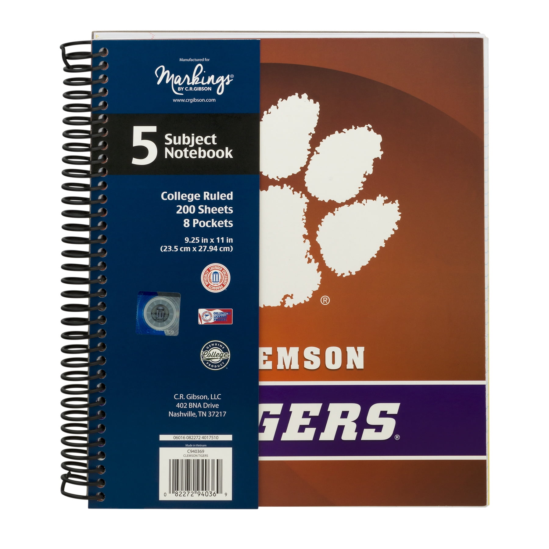 Markings NCAA 5 Subject College Ruled Notebook Clemson Tigers, 1.0 CT