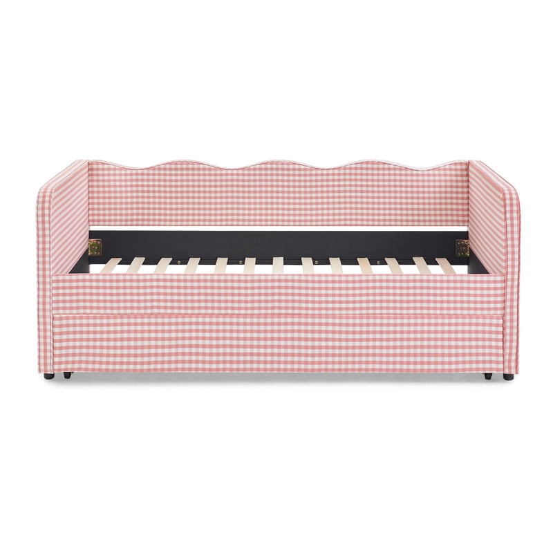 Twin Size Upholstery Daybed with Trundle, Twin to King Design Adorable Wave Shaped Extendable Gingham Sofa Bed for Living Room Bedroom, No Box Spring Required