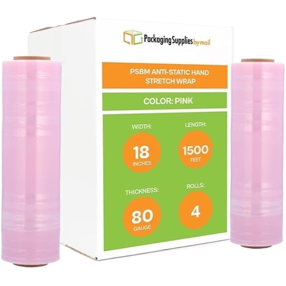 PSBM Anti-Static Hand Stretch Wrap 18" x 1500' 4 Rolls 80 Gauge Plastic Pink Palletizing and Bundling Electronic Products for Shipment