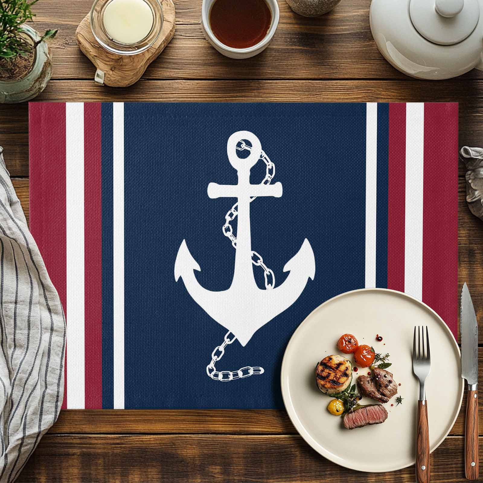 Placemats Set of 4, Nautical Anchor Placemats Set of 4, Navy Blue Red Stripes Tablemats Washable Placemat Table Decoration for Kitchen Table Dinner Party Home Decor Indoor Outdoor 13x19 Inch