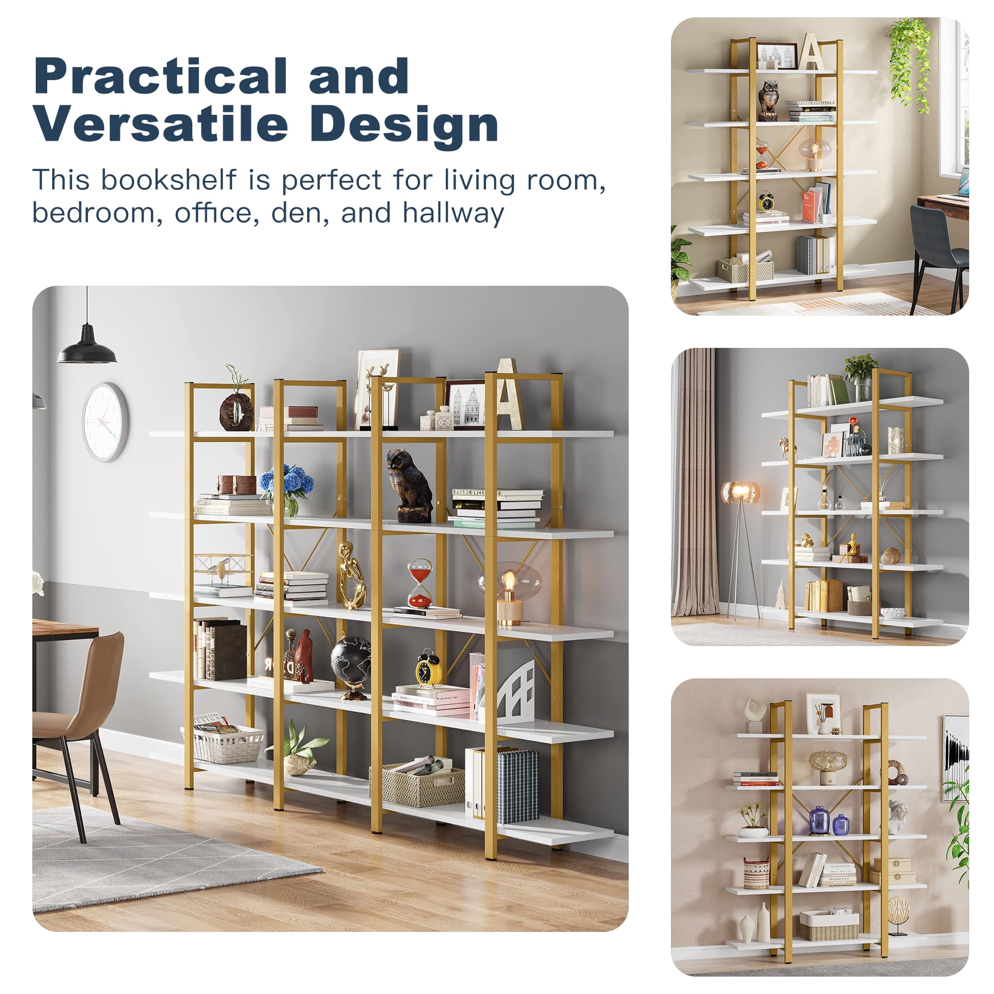 Demi Bonn 5 Tier Bookshelf, Bookshelves, Open Etagere Bookcase Shelf Storage Organizer, Free Standing Storage Shelving Unit for Bedroom, Living Room and Home Office, White & Gold