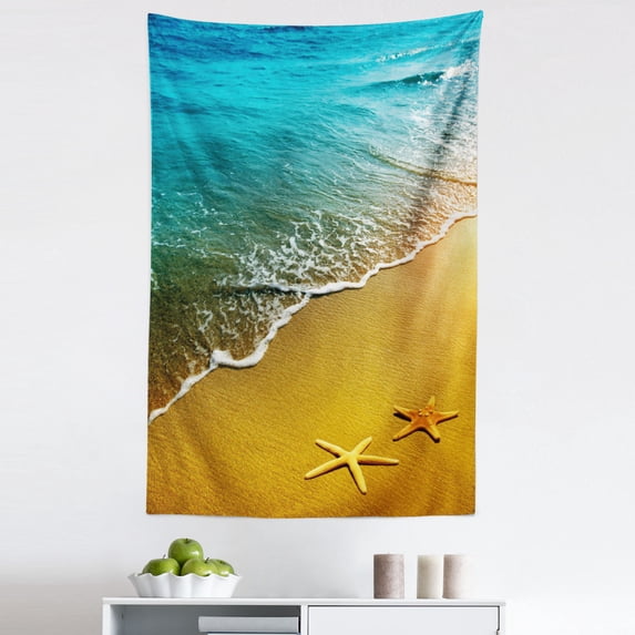 Starfish Tapestry, Summer Season Sunset Scenery Shoreline Sand Waves Calm Tranquil Island Paradise, Fabric Wall Hanging Decor for Bedroom Living Room Dorm, 5 Sizes, Multicolor, by Ambesonne
