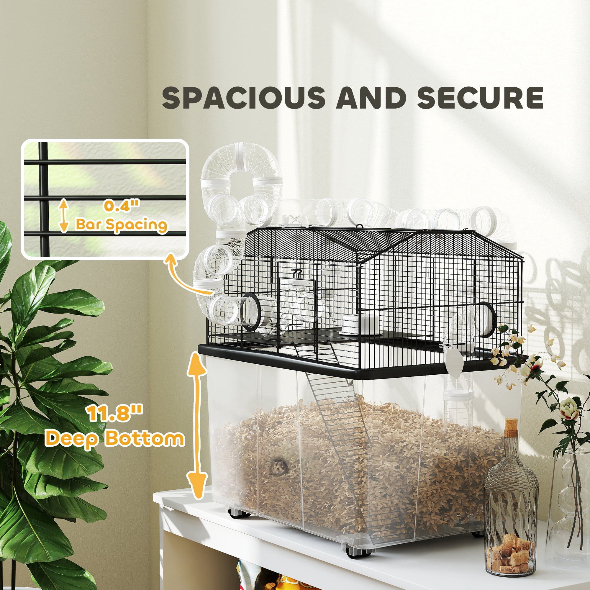 PawHut Hamster Cage with 12" Deep Tray, 2 Tier Gerbil Cage with Tube System, Water Bottle, Ramp, Feeding Bowl, 23" x 17" x 22", Black