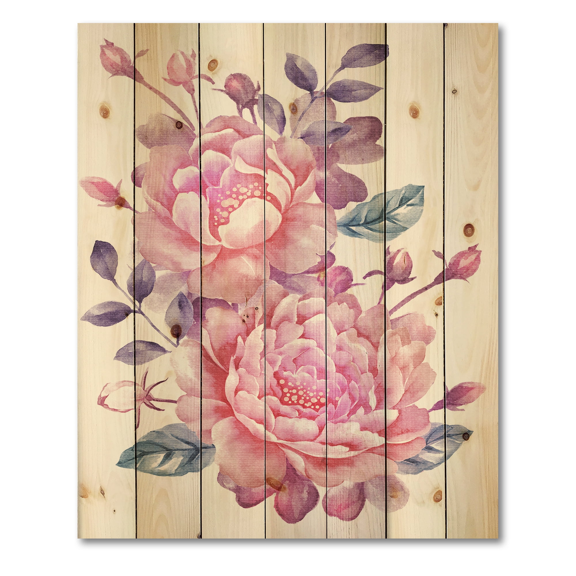Designart 'Pink Retro Flowers With Blue Leaves On White' Traditional Print on Natural Pine Wood