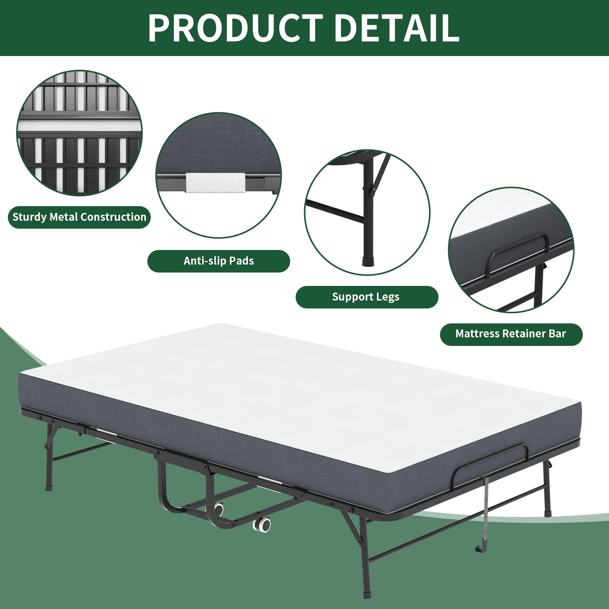 75" x 46"Folding Guest Bed with Mattress, Portable Large Rollaway Bed for Adults, Fold Up Bed for Adults, Hospital Bed, School Bed
