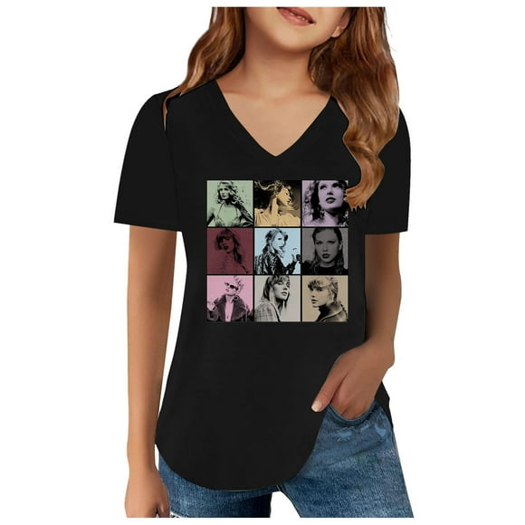 Icvfdpl Taylor Swift Tshirt Girls,Soft Short Sleeve V Neck T Shirts 6 Colors Printed For Music Concert 12-13 Years,Fashion Girls Tshirts
