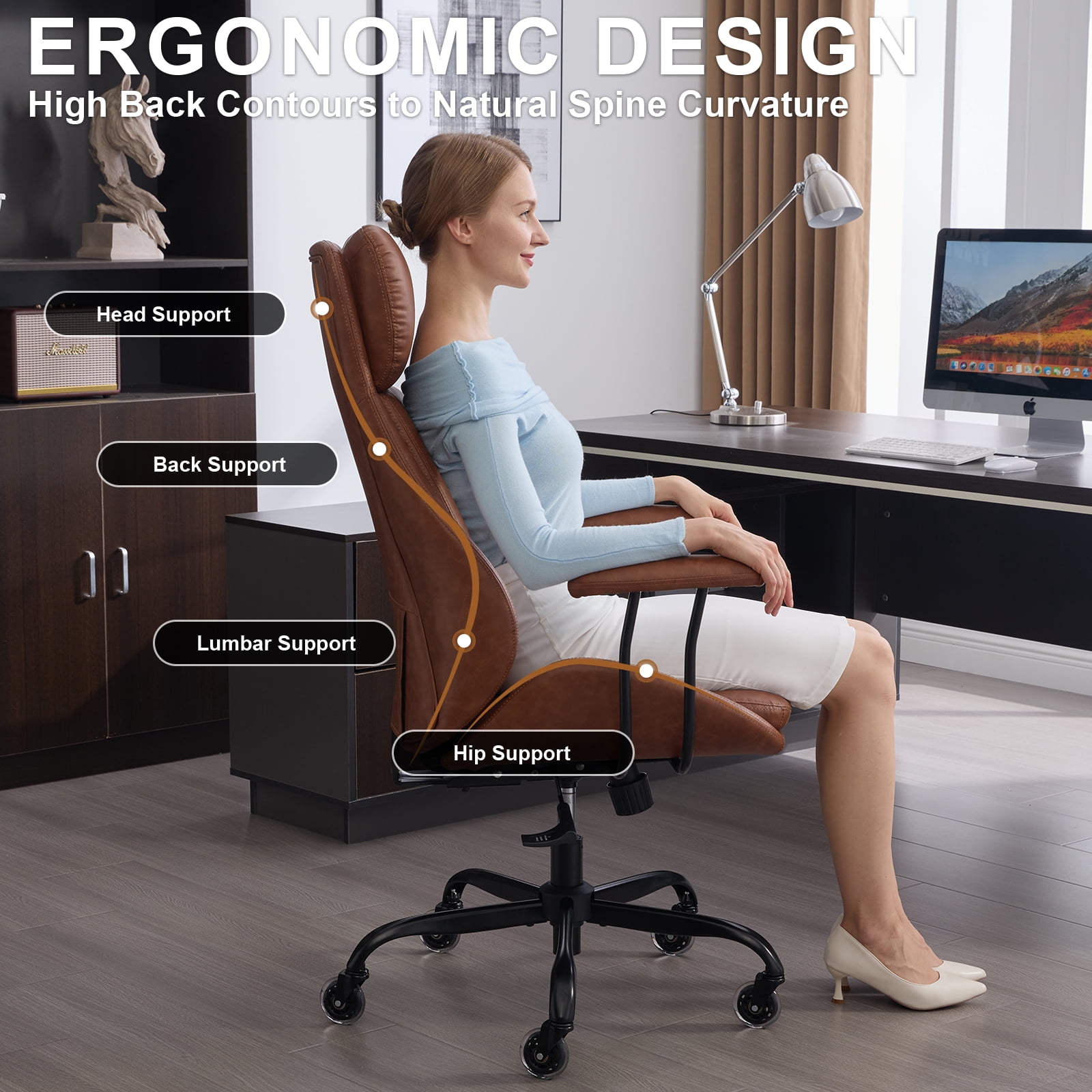 E-Motie Home Office Desk Chair, Ergonomic Computer Chair with Lumbar Support and Head Support, High Back Office Chair with Armrests, Adjustable Height, Rubber Casters, Brown Leather