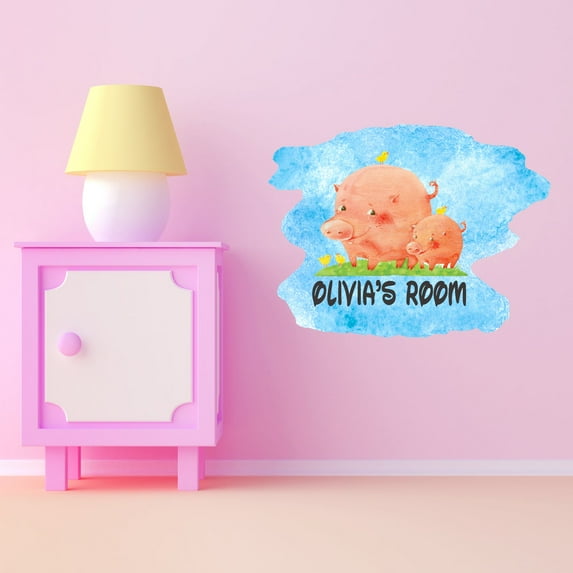 Animal Watercolor Custom Name Wall Decals for Kids Room - Blue Color Background Personalized Name Girly Personalized Bedroom Wall Sticker Water Color Style - Size: 40 In x 32 In