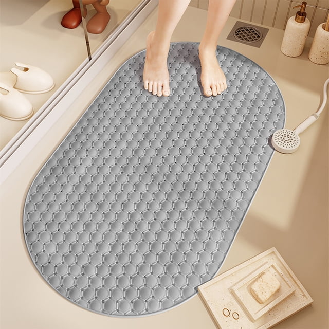 Alfombrilla de ducha antideslizante con ventosas | Alfombrilla ovalada anticaídas | Textura de masaje para pies para personas mayores y niños | Colores gris, blanco, verde y café | 68 x 38 cm