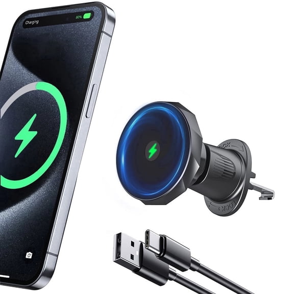 Geyo Magnetic Wireless Car Charger Mount for iPhone 17 16 15 14, 360° Rotation Fast Charging Vent Mount for Android (Metal Ring Included)