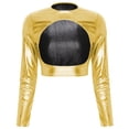 thumbnail image 3 of Camiseta de mujer de manga larga con cuello redondo y tentadora, parte delantera abierta, ajustada, para discoteca, top corto con cortes metálicos brillantes, disfraz de discoteca, 3 of 5