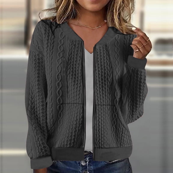 UQJfacai Bomber Jacket Women Textured Lightweight Zip Up Jackets Fashion Fall Coats Long Sleeve Causal Outerwear with Pockets