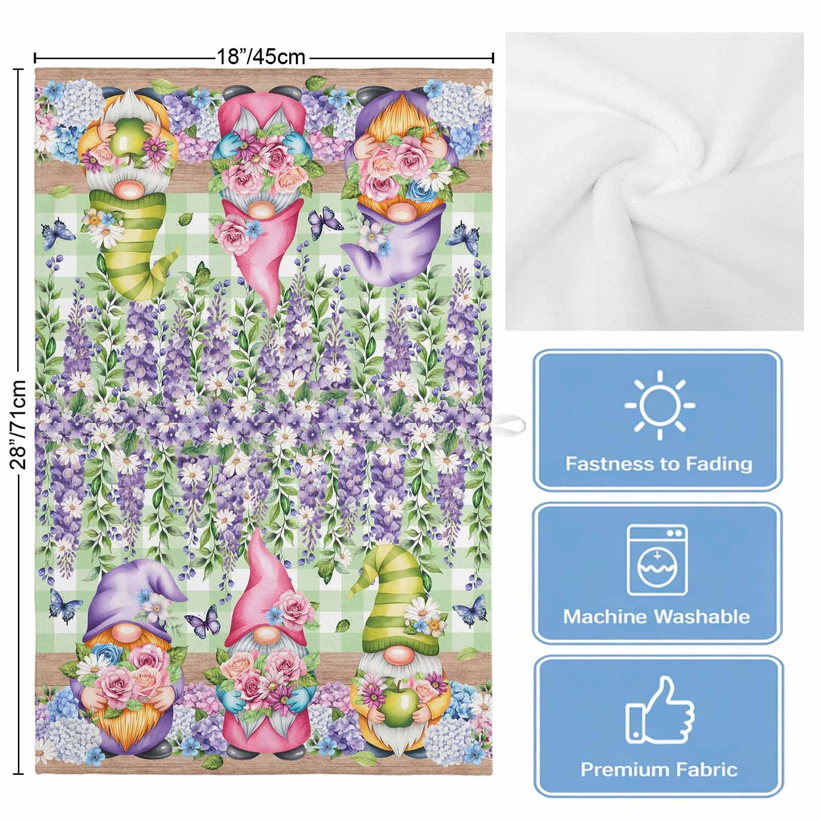 Blue Purple Gnomes Kitchen Towels Set of 3, Water Absorbent Dish Towel, Spring Hydrangea Flower Leaf Green Plaid Decorative Hand Towels - Quick Drying Cloth for Cooking Baking, 18x28 Inch