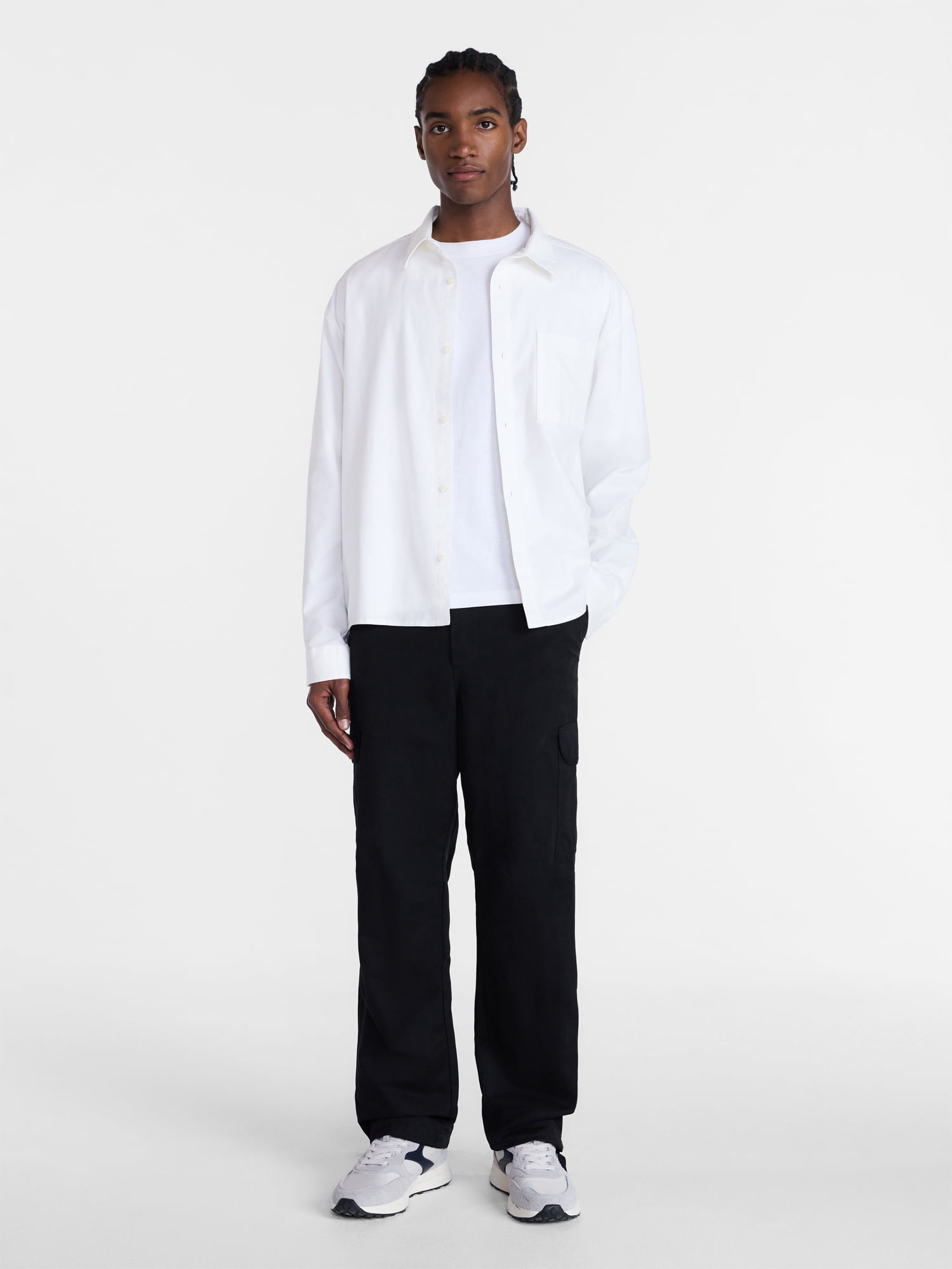 No Boundaries Boxy Cropped Fit Oxford Shirt with Long Sleeves, Men's XS-5XB