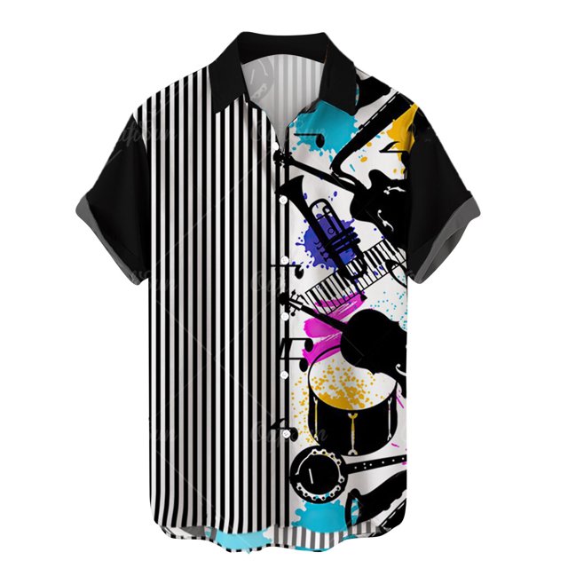 Men's Button Shirt 2024 Summer Fashion Casual Personality Musical Instrument Digital Short Sleeve-week