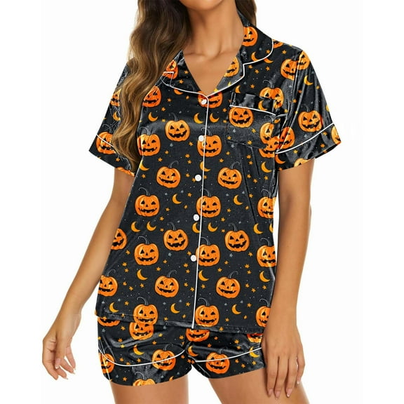 Dolkfu Pajama Sets for Women 2 Pcs Halleween Button up Pumpkin Shorts Set Womens Casual Sleep Wear L