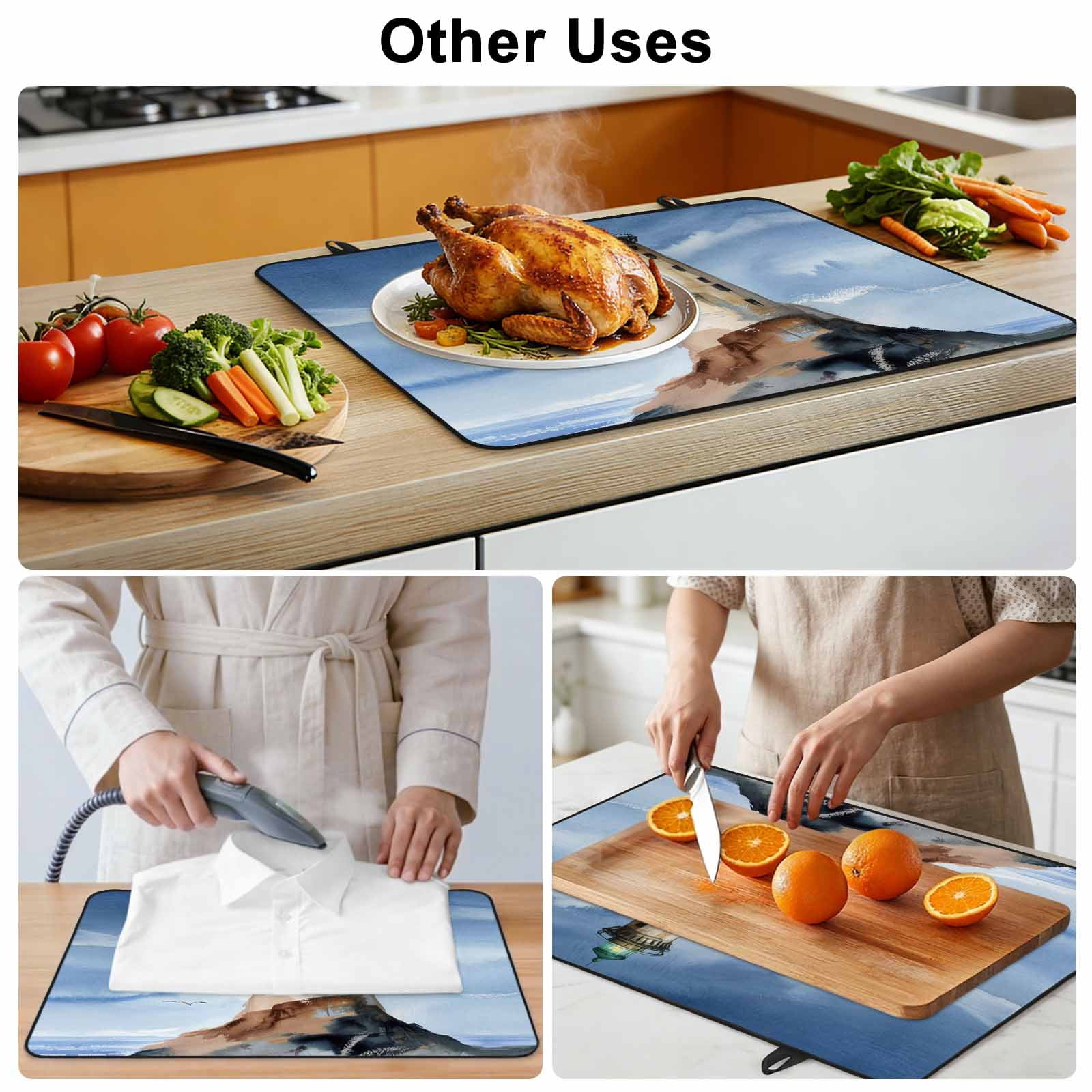 Beach Lighthouse Stove Top Cover for Electric Stove, Heat-proof & Non Slip Glass Top Stove Cover Protector, Coastal Ocean Sky Birds Oil Painting Kitchen Flat Cooktop Rubber Mat 24x21 Inches