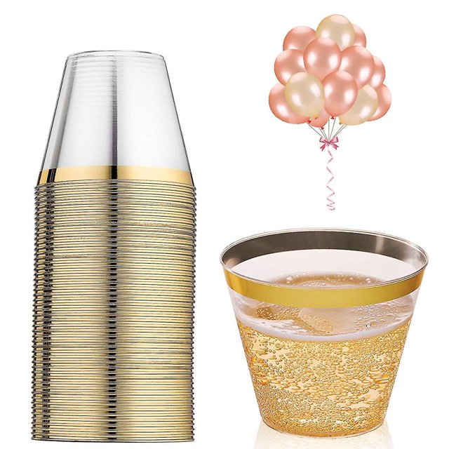 Paquete de 50 vasos de cóctel de plástico de 9 onzas, vasos de plástico con borde, vaso transparente
