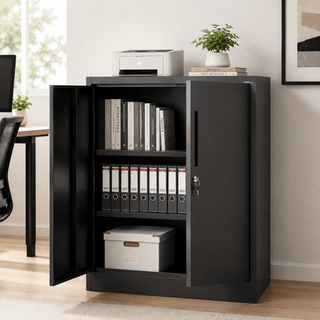 IKIMI 35" Metal Garage Storage Cabinet with Locking Doors and 2 Adjustable Shelves, Office Cabinet for Home, Garage, Warehouse, Black