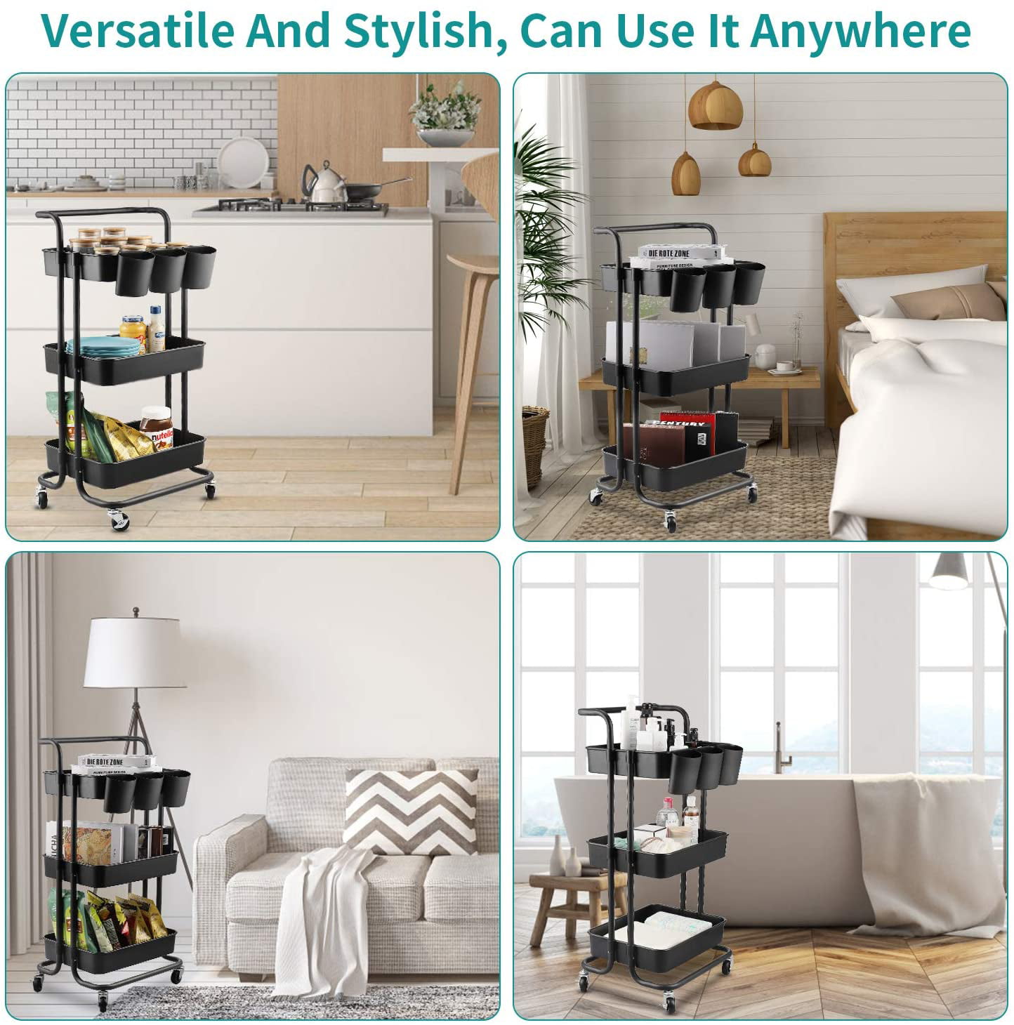 with Mesh Basket Handles and Wheels Black Multifunction Trolley Service Cart Kitchen Office AIYAKA 3-Tier Rolling Utility Storage Cart for Bathroom 
