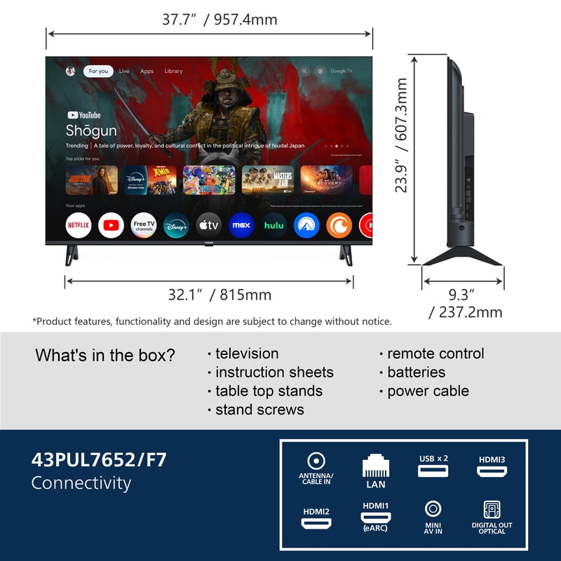 Philips 43" Class 4K Ultra HD (2160p) Google Smart LED TV (43PUL7652/F7) display and camera view